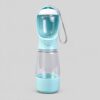 Sky blue pet water bottle with a clear food cup in its scoop hood, push button, clear body and base, on light gray