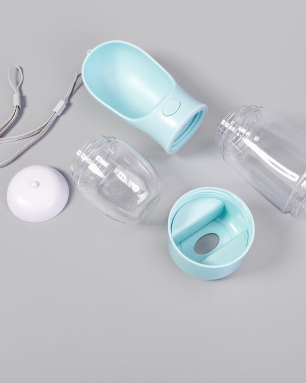 Bottle taken apart: aqua scoop, white cap, clear food cup, clear body, aqua base and gray lanyard