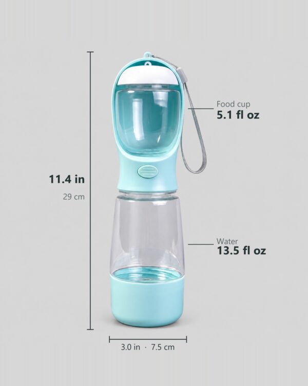 Bottle dimensions: 11.4 in tall and 3.0 in wide, with a 5.1 fl oz food cup and 13.5 fl oz of water