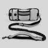 Grey dog-walking waist bag with three zip pockets and a black bungee leash with two padded grey handles