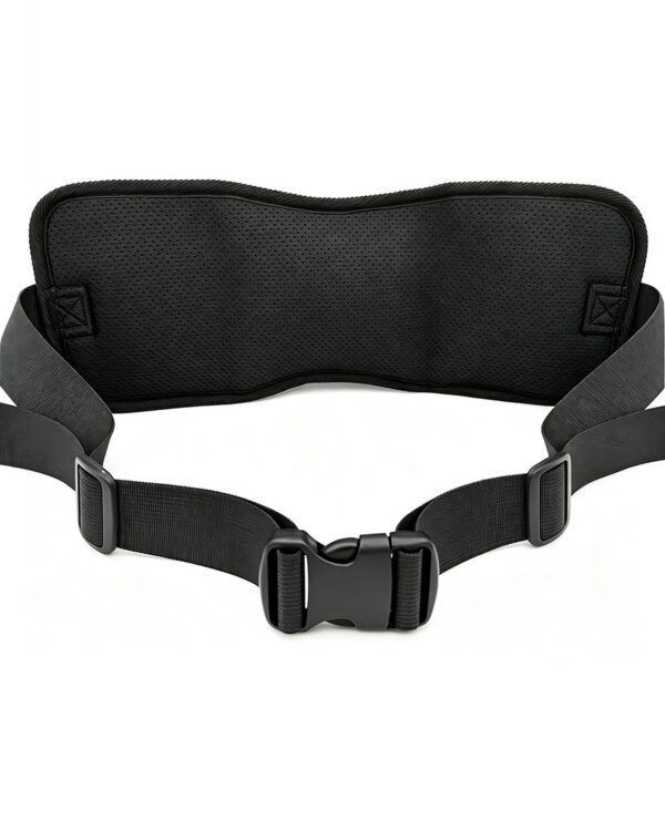 Back of the waist bag: black perforated padded panel, adjustable belt and a black side-release buckle
