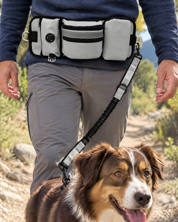 Leash snap hook clipped to the waist bag's side ring, bungee running down to a happy Australian shepherd