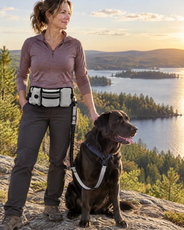Woman and black Labrador on a rocky lake lookout at sunset, leash clipped from her waist bag to his harness
