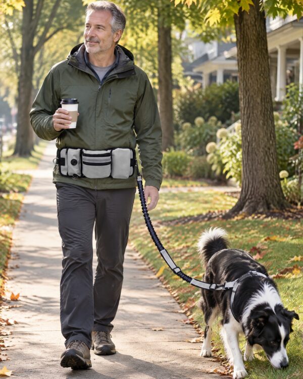 Man holding coffee on a leafy sidewalk while his border collie sniffs the grass, leash clipped to his waist bag