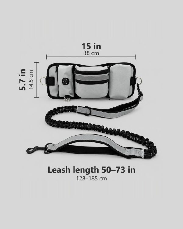 Waist bag measuring 15 by 5.7 inches with a bungee leash 50 to 73 inches long