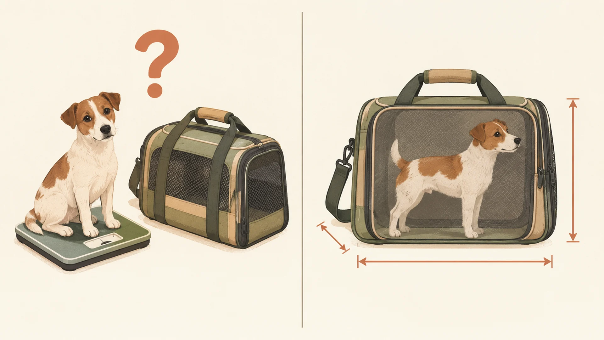 Editorial illustration contrasting two checks side by side: on the left a bathroom scale with a small dog and a soft carrier on it and a large question mark above, on the right a soft-sided carrier drawn with length, width and height measuring arrows and a small dog standing upright inside it with room to turn.
