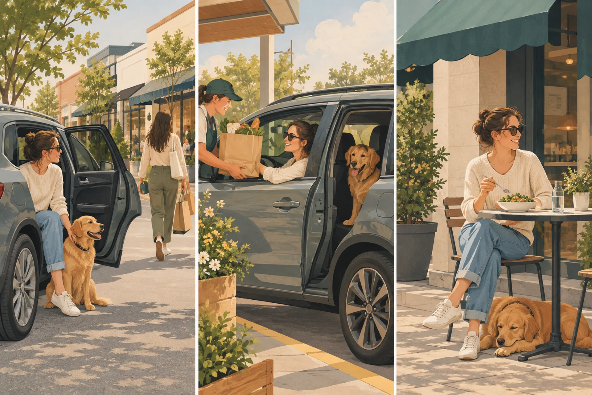Three panels showing alternatives to leaving a dog in a parked car: one person walks off to the shops while the other stays at the open car door with the dog, a shop worker hands a grocery bag through a car window while the owner and dog wait together, and a person eats at an outdoor pavement table with a dog resting beside the chair.
