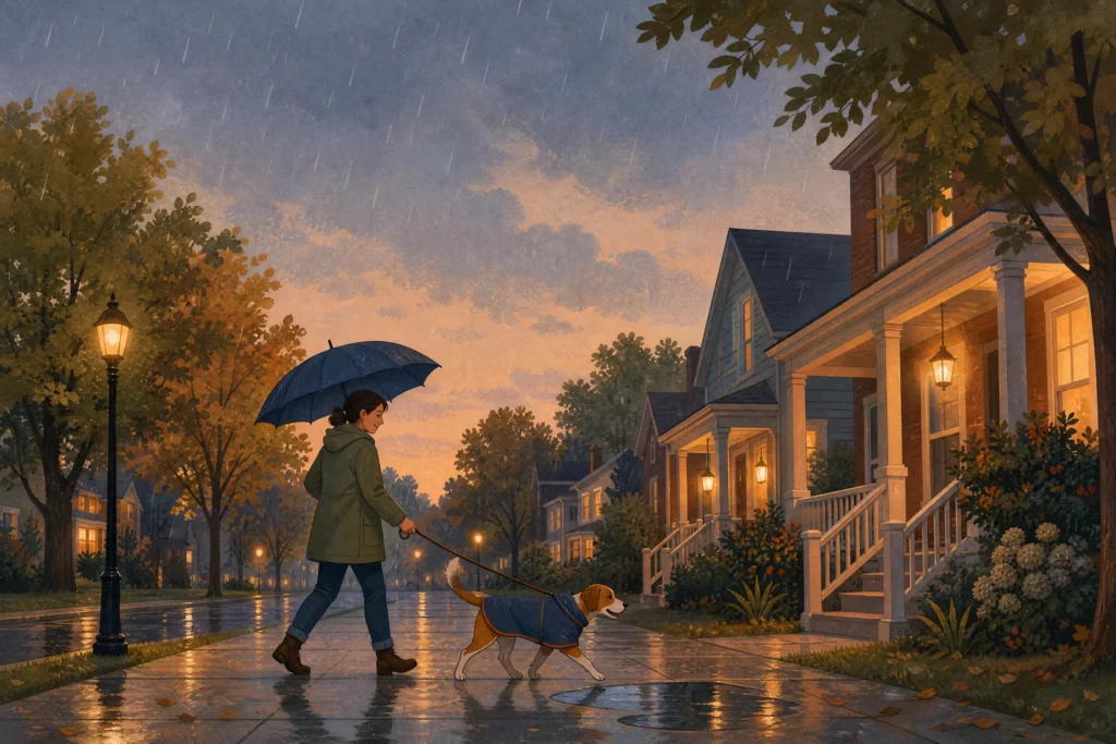 Person with an umbrella walking a short-coated dog in a raincoat along a wet neighborhood sidewalk at dusk, the dog stepping around a puddle