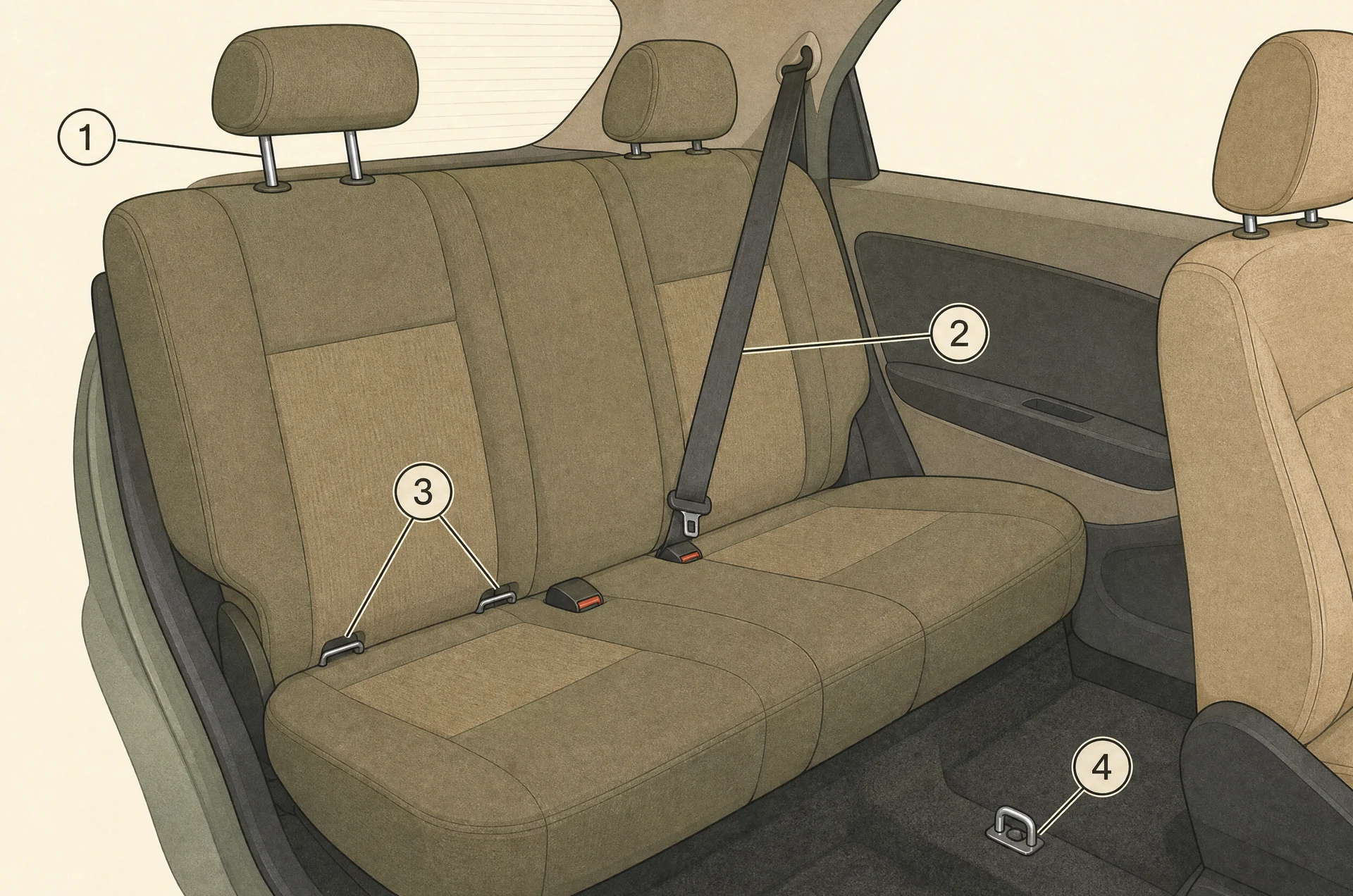 Cutaway diagram of a car rear bench showing four attachment points: the two headrest posts, the diagonal seat belt webbing, two small lower anchor bars in the crease between seat back and cushion, and a metal anchor loop on the floor behind the front seat.