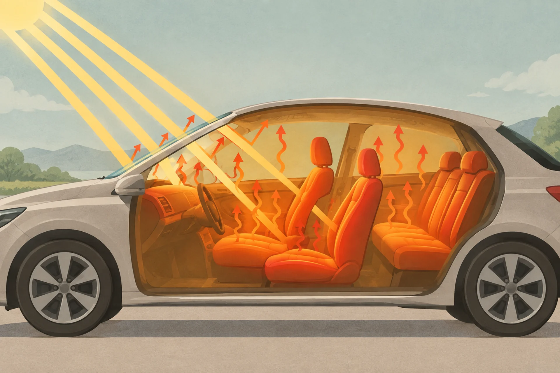 Cutaway side-view diagram of an empty car with no people or animals inside: sunlight passes through the windscreen and strikes the dashboard and seats, which glow deep orange as the hottest surfaces, while wavy red heat arrows rise from them and bounce back off the inside of the glass instead of escaping.
