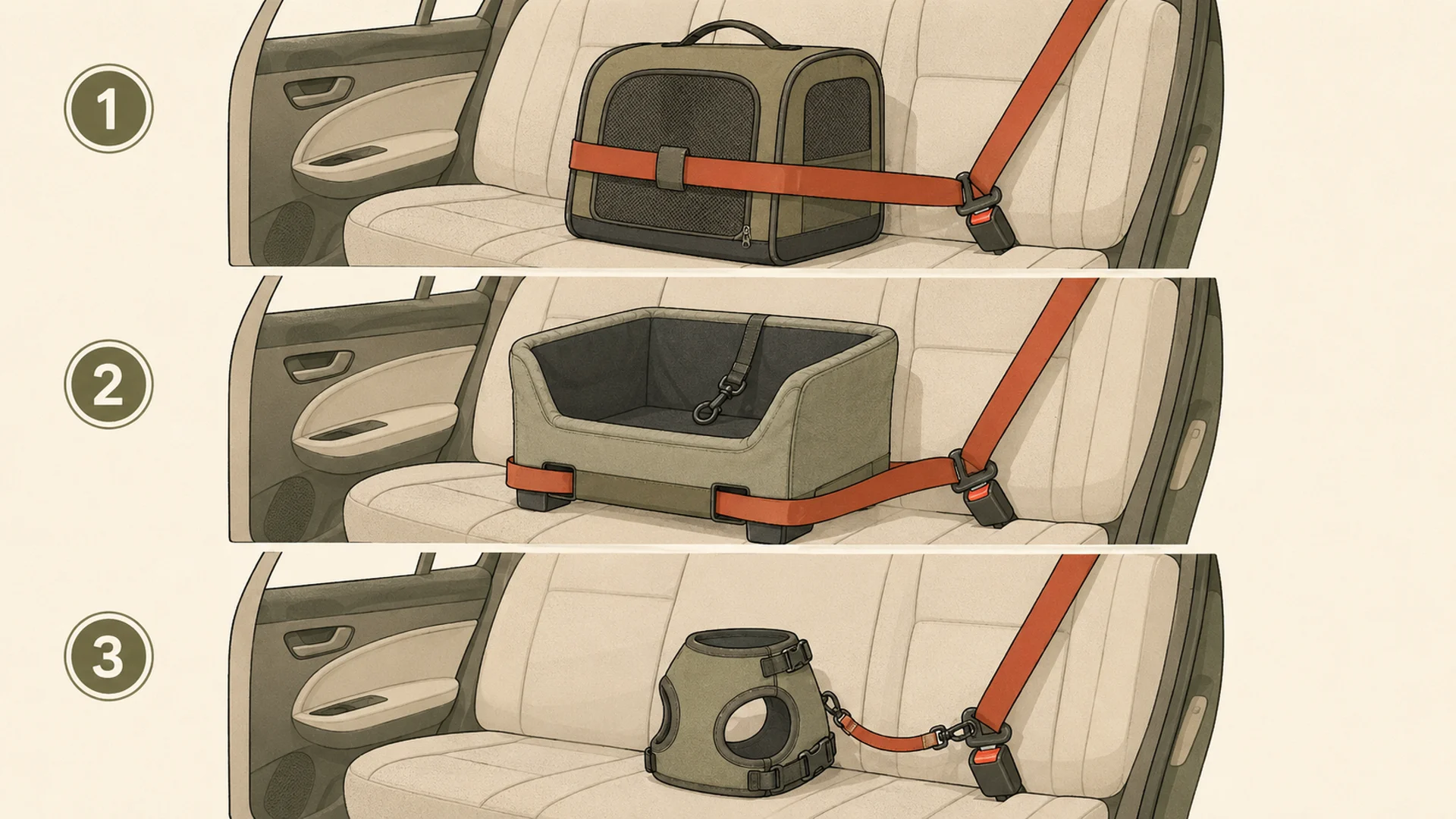 Three cutaway views of the same car back seat showing the seat belt highlighted in orange on three different routes: threaded through the strap loop of a soft-sided carrier, through the slots in the base of a raised booster pet seat, and buckled with a short tether clipped to a body harness.