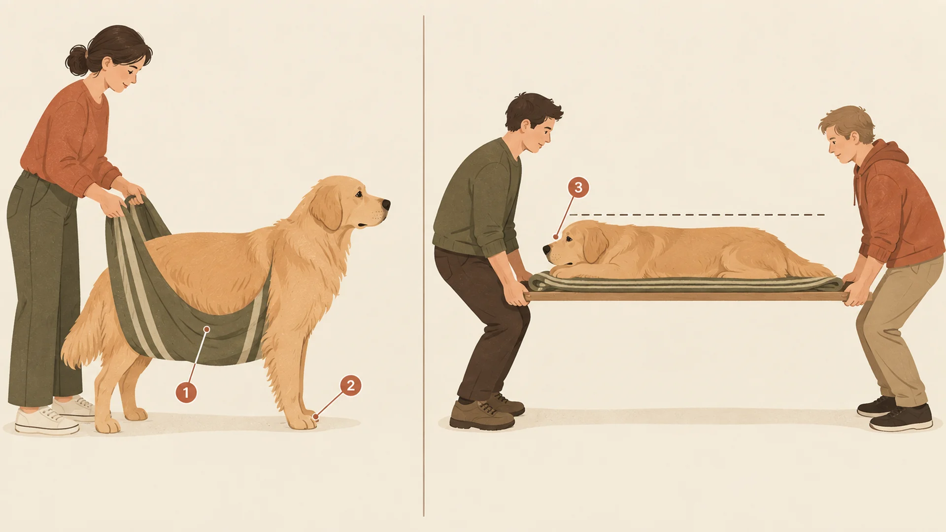 Two-panel diagram showing two ways to move a dog that cannot walk. On the left, a blanket is passed under a large dog's abdomen and held up at both ends by one person standing alongside, taking weight off one hind leg while the dog's own front feet stay on the ground; a circled number one marks the blanket sling and a circled number two marks the paw still bearing weight. On the right, the same dog lies on a flat rigid board with a folded blanket beneath it, carried level by two people, one at the head end and one at the tail end, with a dashed horizontal guideline running the length of the spine and a circled number three marking the head kept level.
