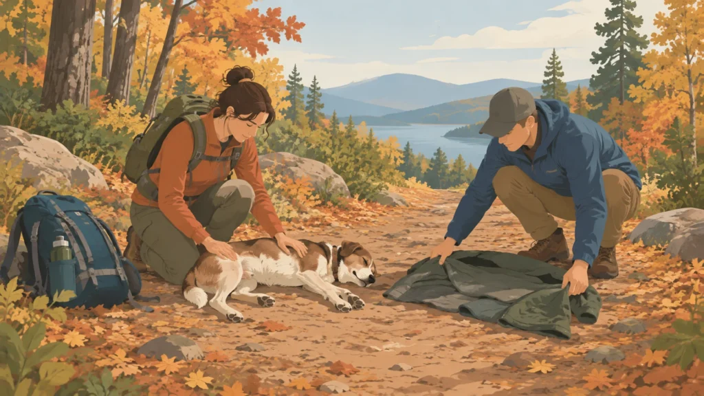 Flat editorial illustration of two hikers on an autumn forest trail kneeling beside a resting dog, one spreading a folded jacket flat on the ground beside it