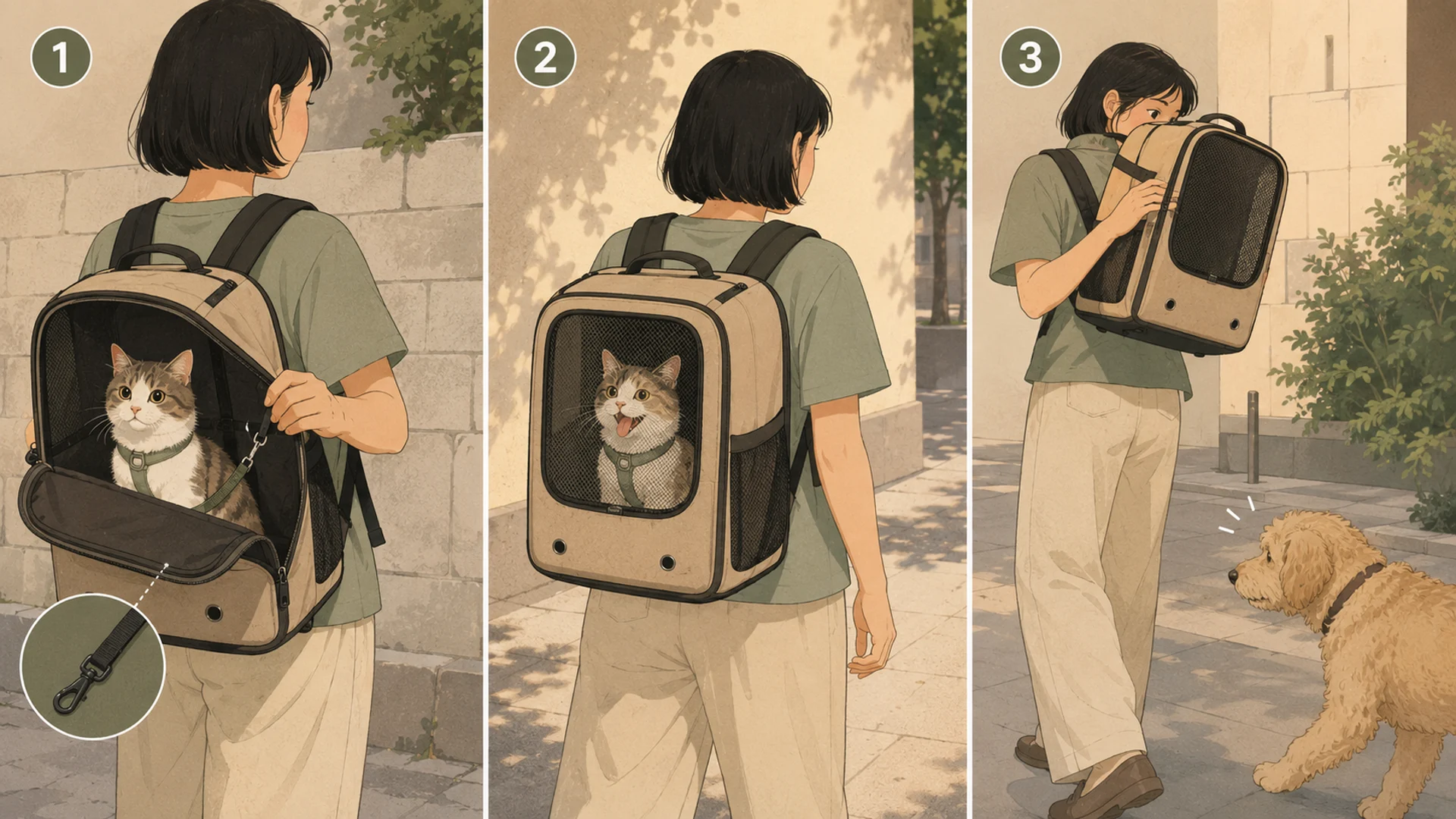 Three side-by-side illustrated panels of a person wearing a cat backpack on a street. Panel one shows an open zip with a short internal tether clipped to the cat's harness holding it inside. Panel two shows the same pack in bright sun with the cat sitting with its mouth open. Panel three shows a loose dog approaching at ground level while the person turns the pack away and lifts it higher.