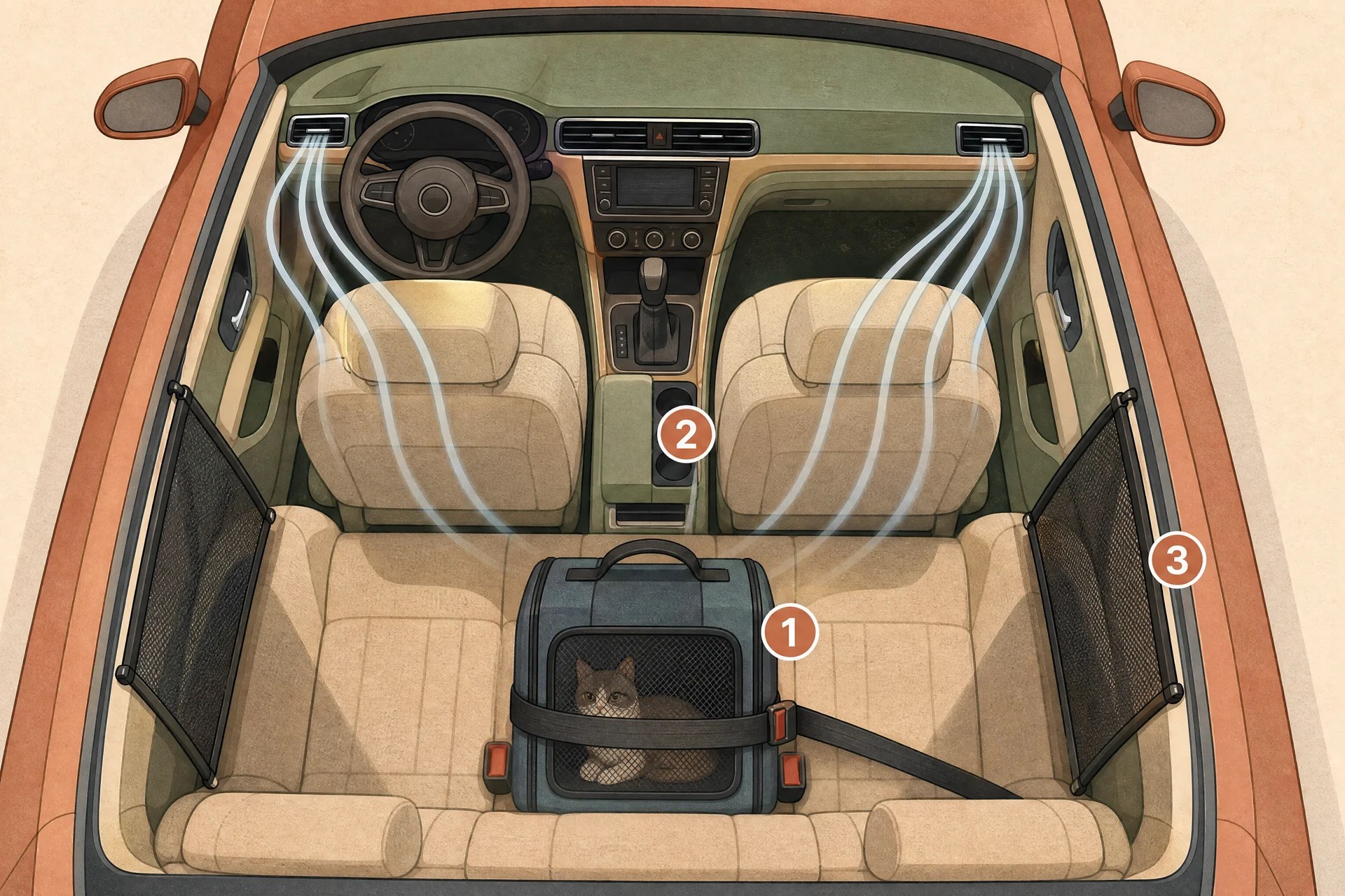 Top-down cutaway diagram of a car interior with three numbered markers: one at a soft cat carrier belted into the middle of the rear seat away from the windows, one at air vents angled toward the back seat, and one at a sunshade fitted to the rear side window