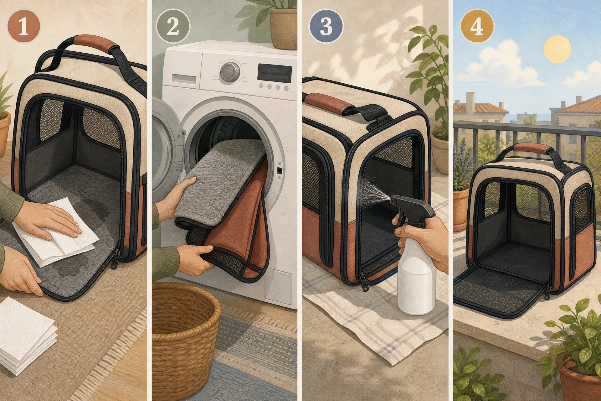 Four numbered panels showing how to clean a fabric cat carrier: blotting a wet spot with paper towels, putting the removable pad and cover in a washing machine, spraying the fabric seams from a plain spray bottle and leaving it to work, and the empty carrier air-drying in the sun