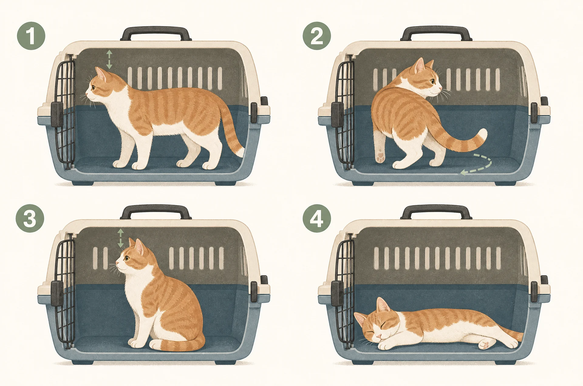 Four-panel side cutaway of the same cat in the same carrier: standing with a gap above its head, turning around inside, sitting upright with ears clear of the roof, and lying on its side with legs stretched along the floor