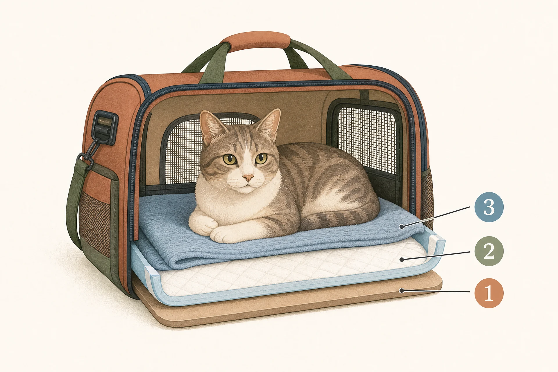 Cut-away diagram of a soft-sided cat carrier showing three layers from the bottom up: a rigid base board, an absorbent waterproof pad cut larger than the base so its edges turn up the sides, and a thin washable towel with a cat lying on it, marked 1, 2 and 3