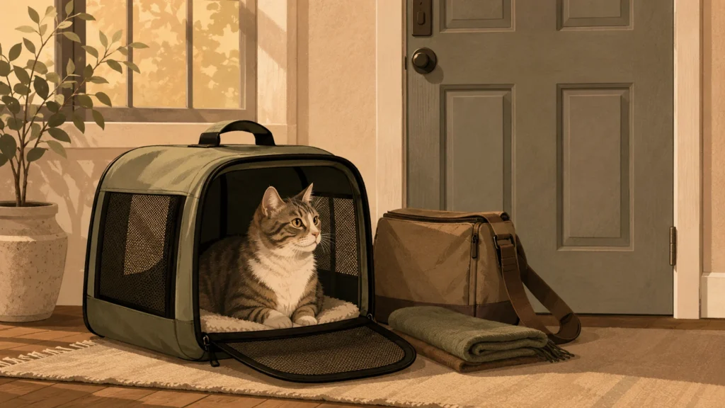 A tabby cat sitting calmly inside an open soft-sided pet carrier on the floor beside a front door, with a packed shoulder bag and folded blanket next to it in warm afternoon light.