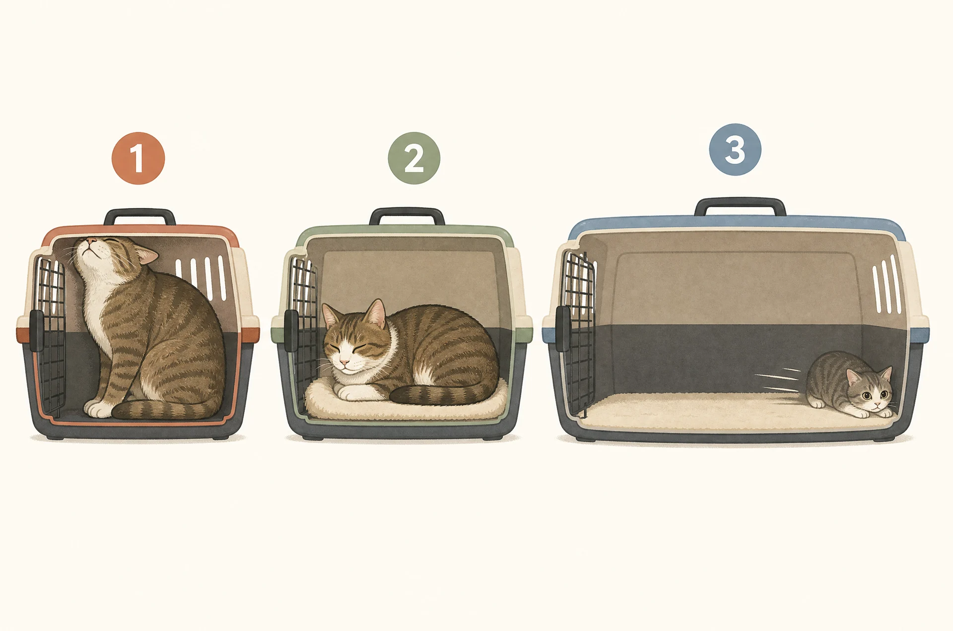 Three side cutaway carriers in a row: a small carrier with a cat hunched and its head pressed to the roof, a well-fitted carrier with a cat curled comfortably with a little room around it, and an oversized carrier with a small cat sliding into a corner