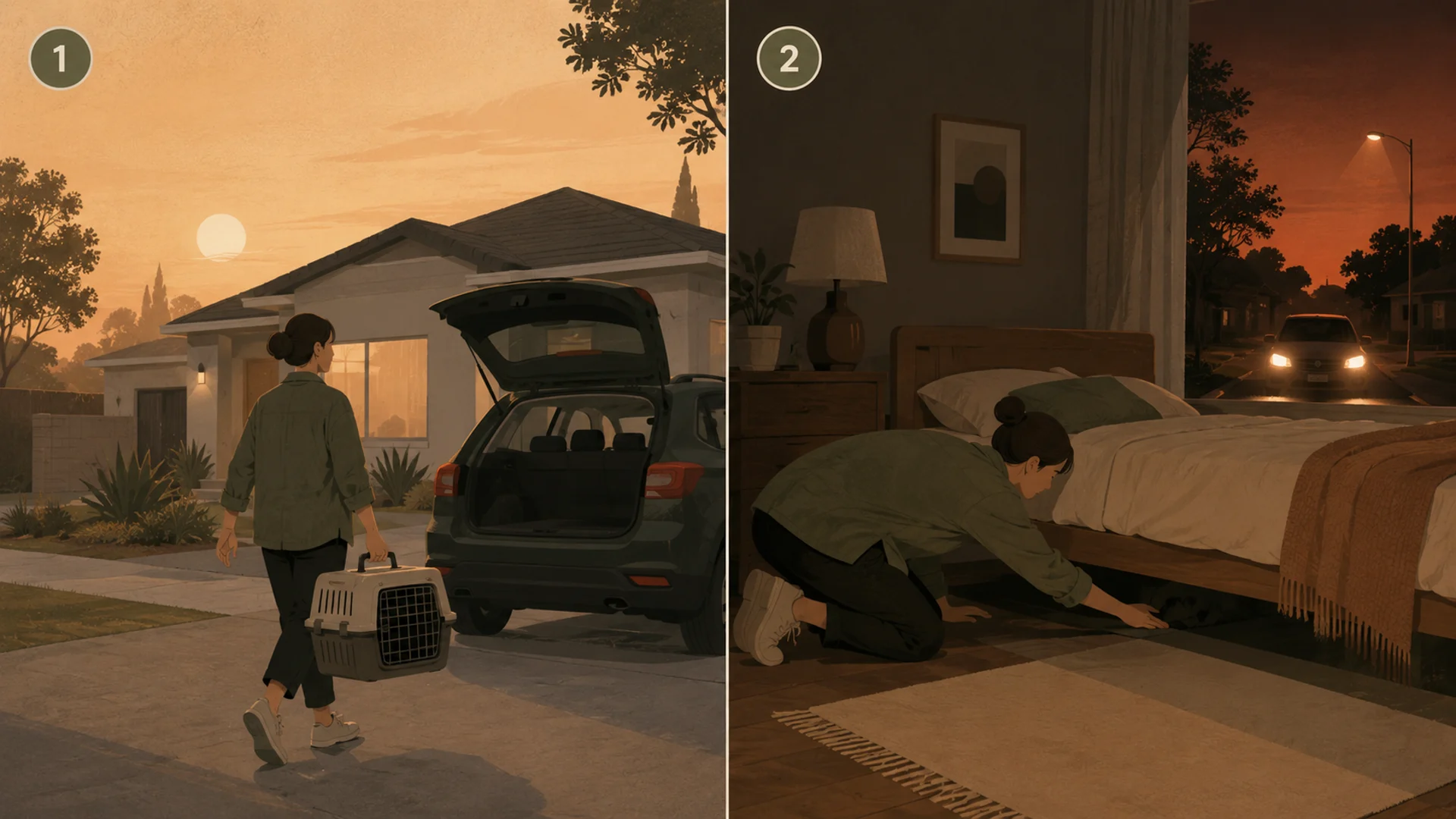 Two-panel illustration of the same home. On the left, labelled with a circled one, the sky is hazy and a person calmly carries a cat carrier to a packed car. On the right, labelled with a circled two, the sky is dark orange, headlights are on in the street, and the same person is crouched beside a bed reaching underneath it.