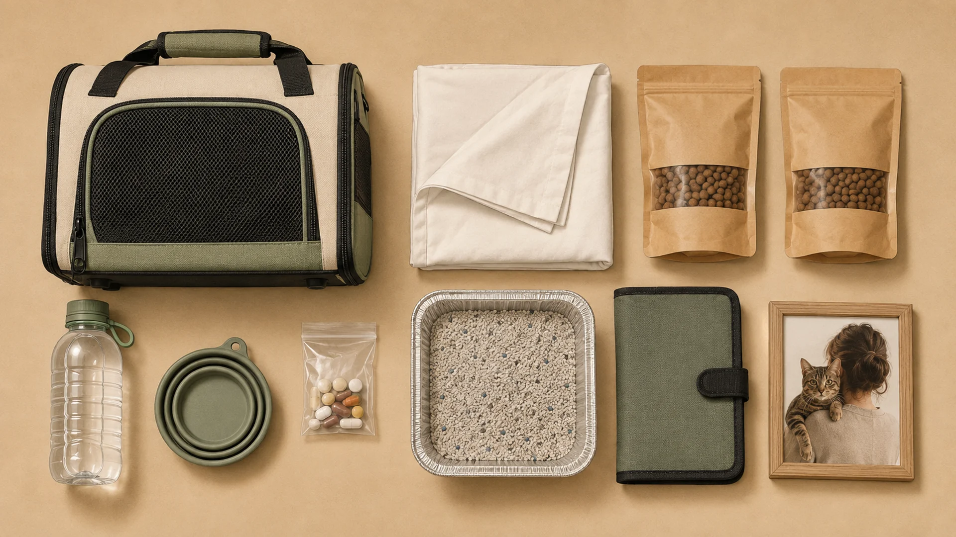 Flat lay illustration of a lightweight cat evacuation kit arranged on a plain surface: a soft carrier, a folded pillowcase, two sealed food pouches, a water bottle and collapsible bowl, a small waterproof pouch of medication, a disposable foil tray of litter, a document wallet and a printed photograph of a person holding a cat.