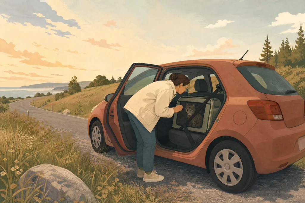Person stopped on a roadside shoulder, leaning into the back seat to check a tabby cat through the mesh window of a belted soft carrier