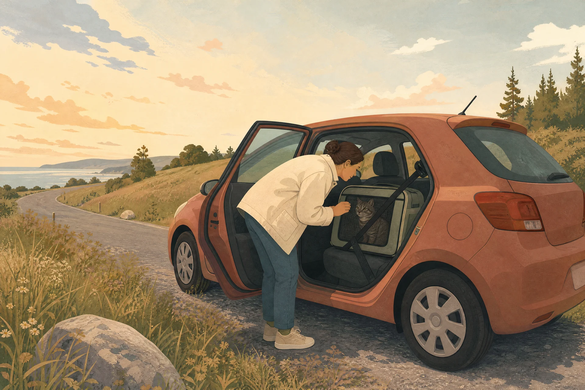 A car pulled onto a quiet roadside shoulder with its rear door open; a person leans in to look through the mesh window of a soft cat carrier belted into the back seat, where a tabby cat sits inside