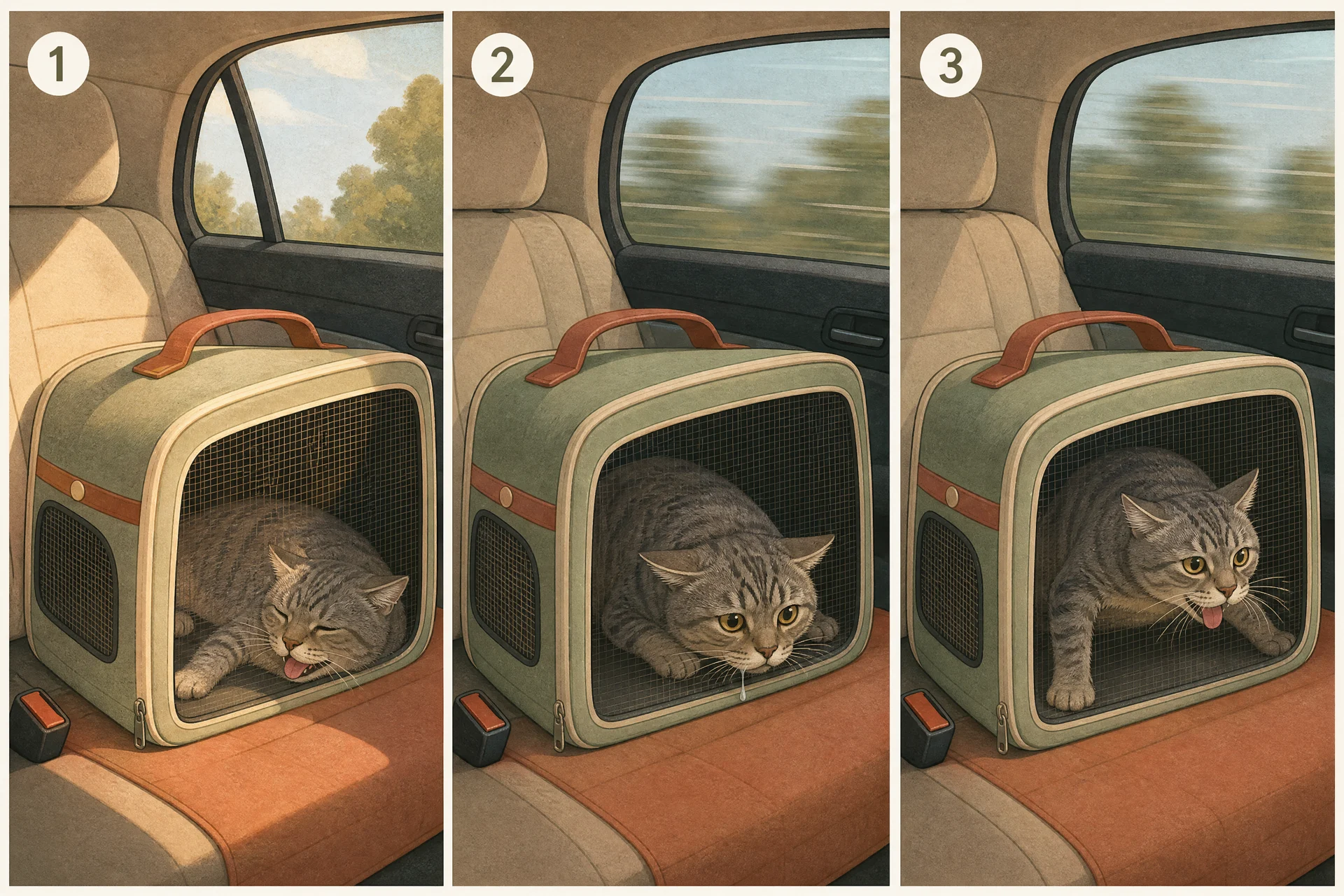 Three numbered side-by-side panels of a cat inside a soft carrier: in the first, sunlight falls across the carrier and the cat pants with a drooping posture; in the second, the cat crouches with drool at its chin while the car moves; in the third, the cat sits with head held low and neck stretched forward, breathing with its mouth open