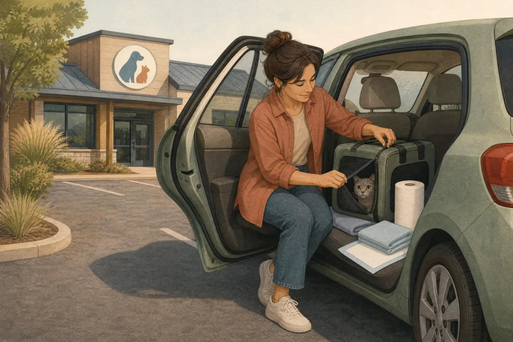 A person in a vet clinic parking lot unzips a soft cat carrier on the back seat of a car, with paper towels, a towel and a spare pad beside it