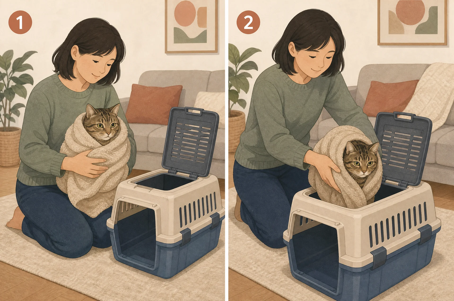 Two-panel illustration: 1 a person kneeling on a living room floor holding a calm tabby cat loosely wrapped in a thick towel beside a hard-shell carrier with its roof hatch open; 2 the towel-wrapped cat being lowered through the open roof hatch with the person's hands under its chest and hindquarters.