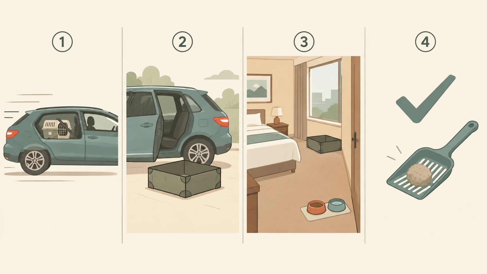 Flat editorial diagram showing four stages of a cat trip left to right, marked with circled numbers one to four: a secured carrier inside a moving car with no litter tray, a parked car with its door open and a high-walled folding tray set on the ground beside it, a hotel room with a tray placed in a corner away from bowls, and a check mark beside a single scooped clump.
