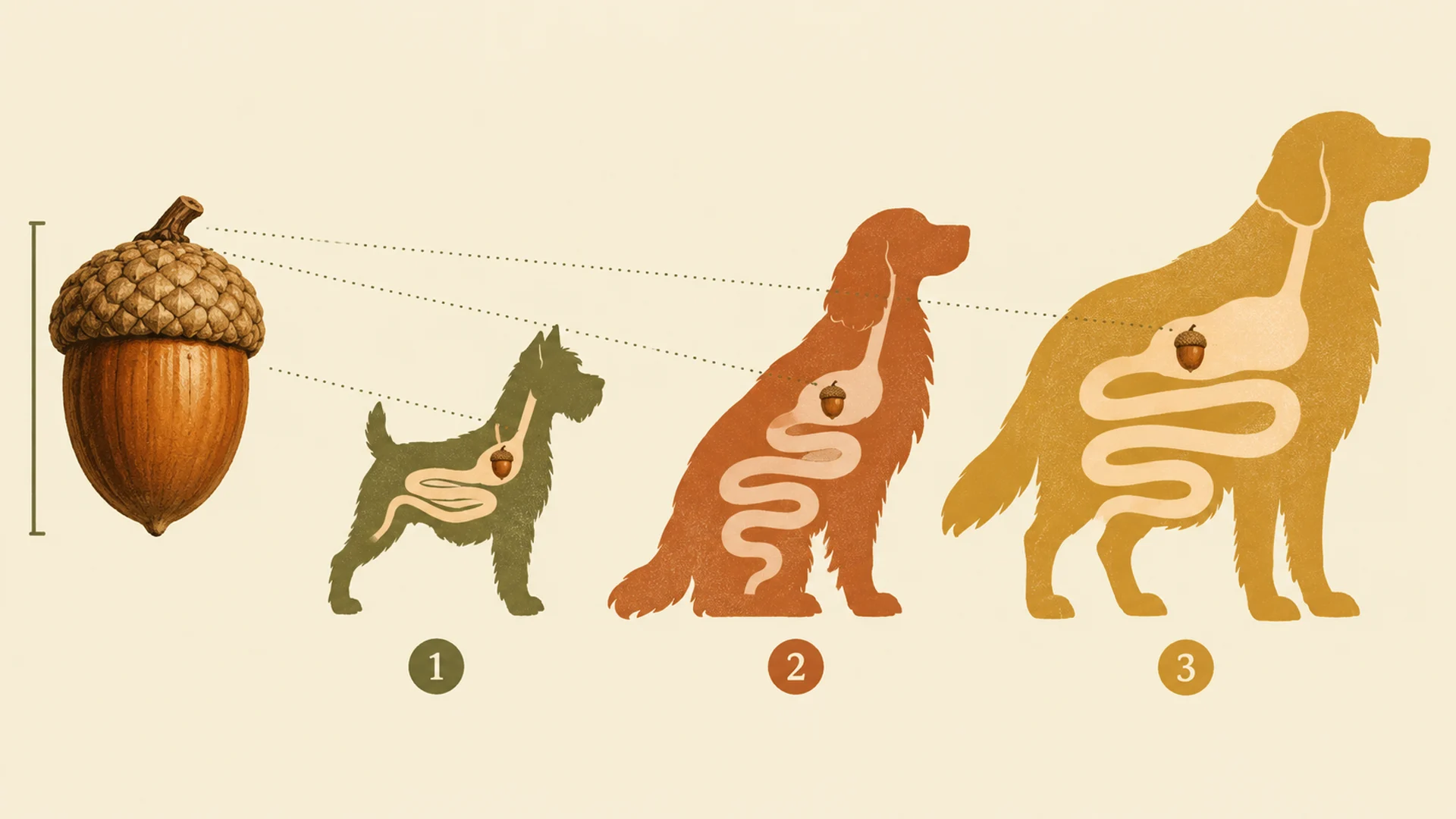 Editorial scale diagram comparing one acorn against three dog silhouettes of increasing size, a small terrier, a spaniel and a large retriever, with the intestinal tract drawn as a narrow tube inside each. The acorn stays the same size while the tube widens across the three, showing how the same object represents a different risk depending on the dog.