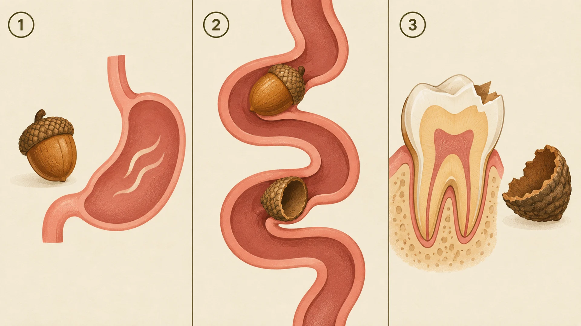 Three-panel editorial diagram of what one acorn can do to a dog. Panel one, a single acorn beside a small stomach shape with a mild wavy line, labelled with a circled one. Panel two, a whole acorn and a separate cup-shaped acorn cap lodged in a narrow loop of intestine, labelled with a circled two. Panel three, a dog's back tooth with a chip out of the enamel where a hard acorn shell was bitten, labelled with a circled three.