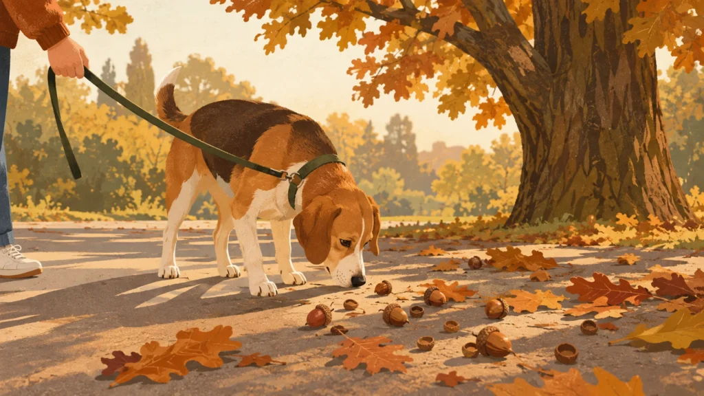 A dog on a short leash lowering its nose toward fallen acorns and dry oak leaves on a pavement beneath a big oak tree in autumn light, some acorns still wearing their cup-shaped caps and a few caps lying separately.