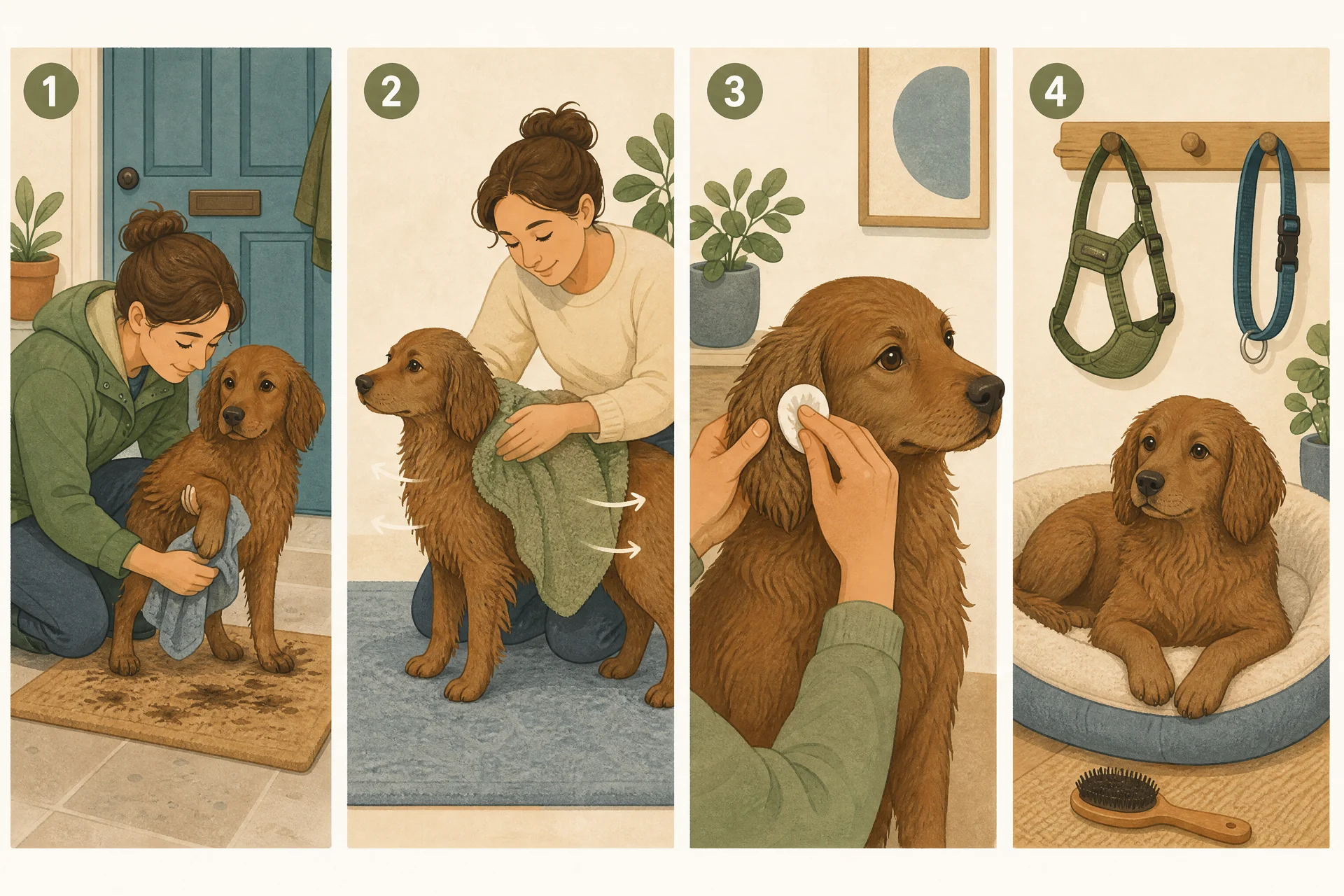 Four-panel instructional illustration of the after-rain routine with the same brown dog in each panel: one, a person wiping the dog's legs and belly with a damp cloth at the front door; two, a person rubbing the dog's back with a thick towel so the fur fluffs up; three, a person gently wiping the outer part of the dog's floppy ear with a cotton pad; four, the dry dog resting on a clean bed while a harness and collar hang on wall hooks and a brush lies on the floor.