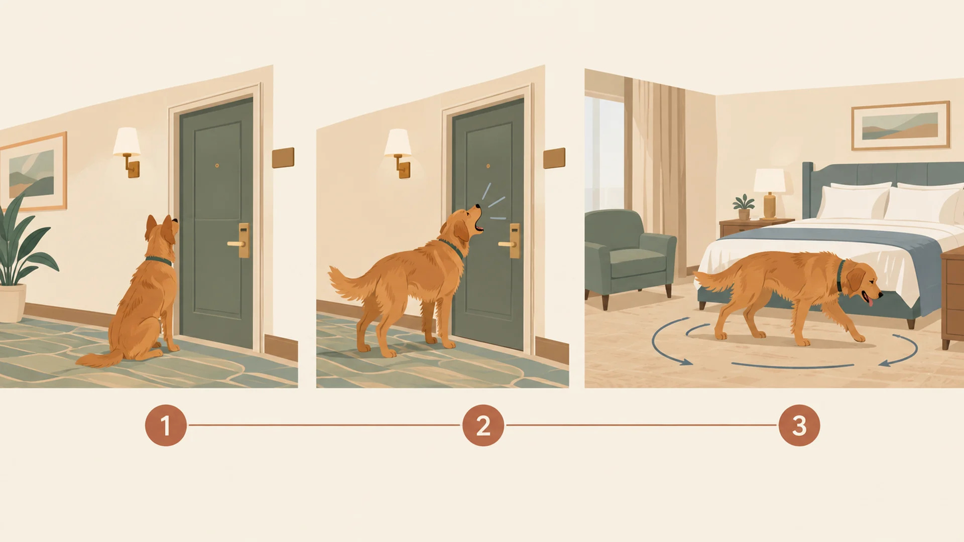 Flat editorial illustration of a timeline across a hotel corridor showing what happens after an owner leaves a dog alone, with three marked points: a circled 1 at the moment of departure showing a dog watching the door, a circled 2 at roughly fifteen minutes showing the dog vocalising near the door, and a circled 3 at roughly thirty minutes showing the dog pacing the room.