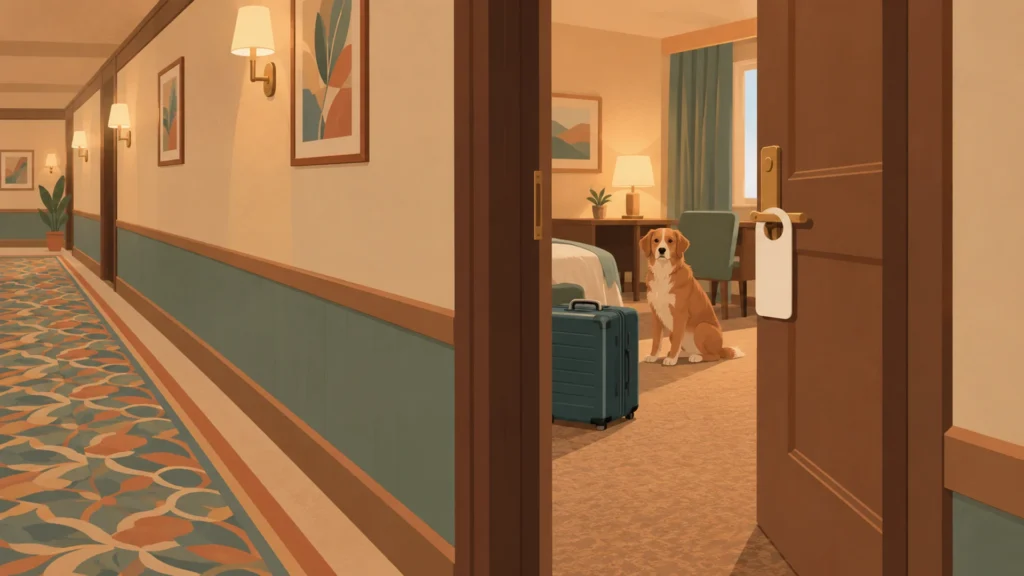 Flat editorial illustration of a hotel corridor and an ajar guestroom door with a blank door hanger, a dog sitting inside beside a suitcase