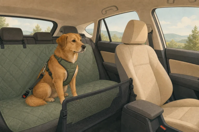 A medium golden-brown dog sitting calmly on a covered rear car bench in a padded car harness clipped to the rear seat belt, with a mesh barrier between the front seats and the front passenger seat empty.