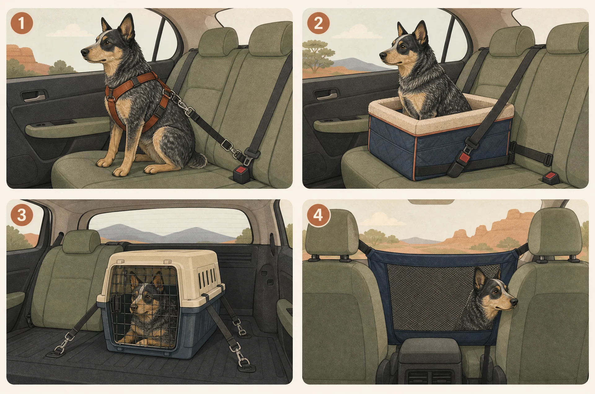 Four-panel side view of the same car rear bench: 1 a dog in a car harness buckled to the seat belt with a short strap; 2 a small dog in a padded booster seat belted to the bench; 3 a dog in a hard crate held down with tie-down straps; 4 a mesh barrier between the front seats with the dog behind it poking its nose around the side edge.