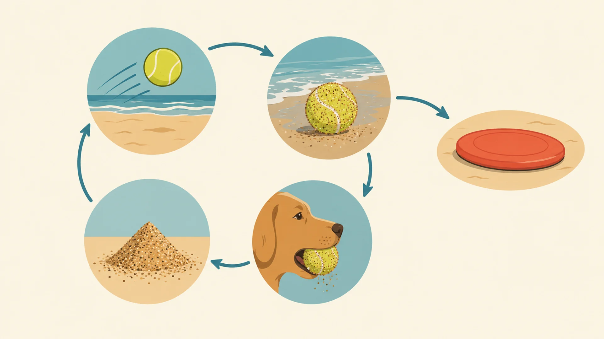 Flat editorial diagram showing a circular loop of four stages: a ball thrown across sand, the ball landing and picking up a coating of grains, the ball in a dog's mouth, and a small pile of grains accumulating. An arrow leaves the loop toward a flying disc resting clean on the sand.