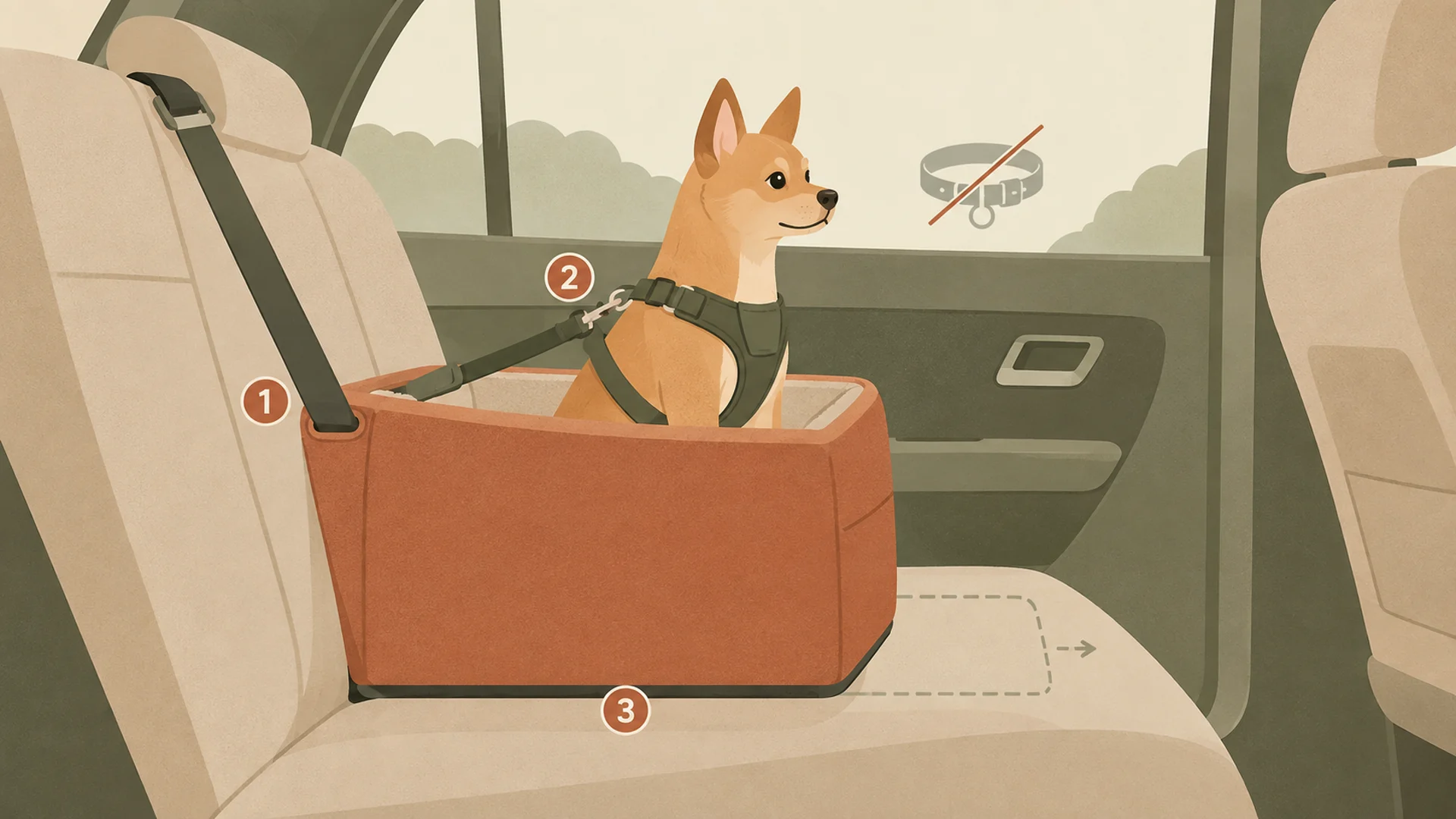 Side-view cutaway diagram of a car's rear seat showing a raised dog booster seat. Circled number one points to the vehicle seat belt routed through the booster's anchor channel. Circled number two points to a short internal tether running from the booster to a padded body harness on the dog's chest, with a crossed-out symbol beside a collar to indicate the tether must not clip to a collar. Circled number three marks the base of the booster pressed flat against the seat cushion with a dashed outline showing the unwanted forward slide it prevents.