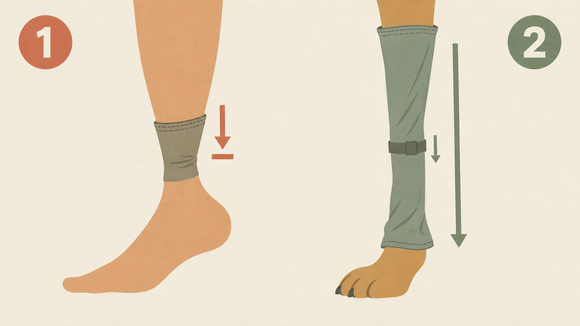Side-by-side diagram of a human leg and a dog leg in profile. On the left, marked one, the human heel juts backwards and the ankle above it is pinched narrow, so a boot collar band sits trapped in that groove and a downward arrow beside it is stopped by a short bar. On the right, marked two, the dog leg has no heel and tapers smoothly upward, so a fabric boot tube around it is not gripping: a small strap is shown creeping downward and a long unobstructed arrow runs the full height of the leg to the ground.