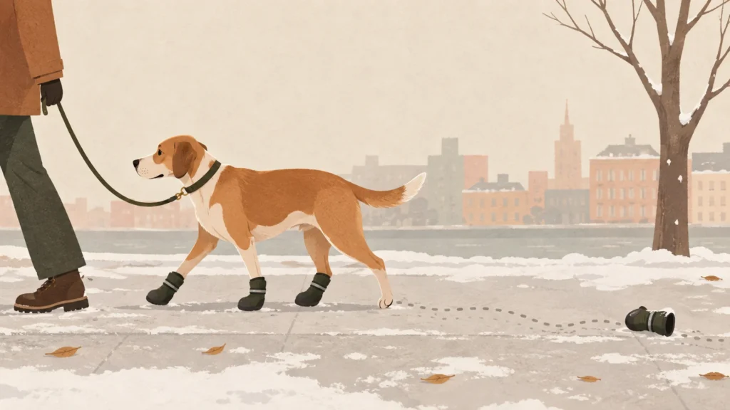 Flat editorial illustration of a dog walking on a snowy city sidewalk beside its owner, wearing protective boots on three paws with the fourth rear paw bare, while a single lost boot lies on the pavement several paces behind, connected to the dog by a trail of paw prints.