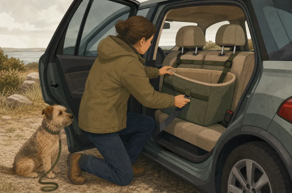A person kneeling in an open rear car door, threading the vehicle seat belt through the strap loop on the back of a padded open-top dog booster seat, whose upper strap is already looped around both headrest posts, while a small terrier waits on the ground.