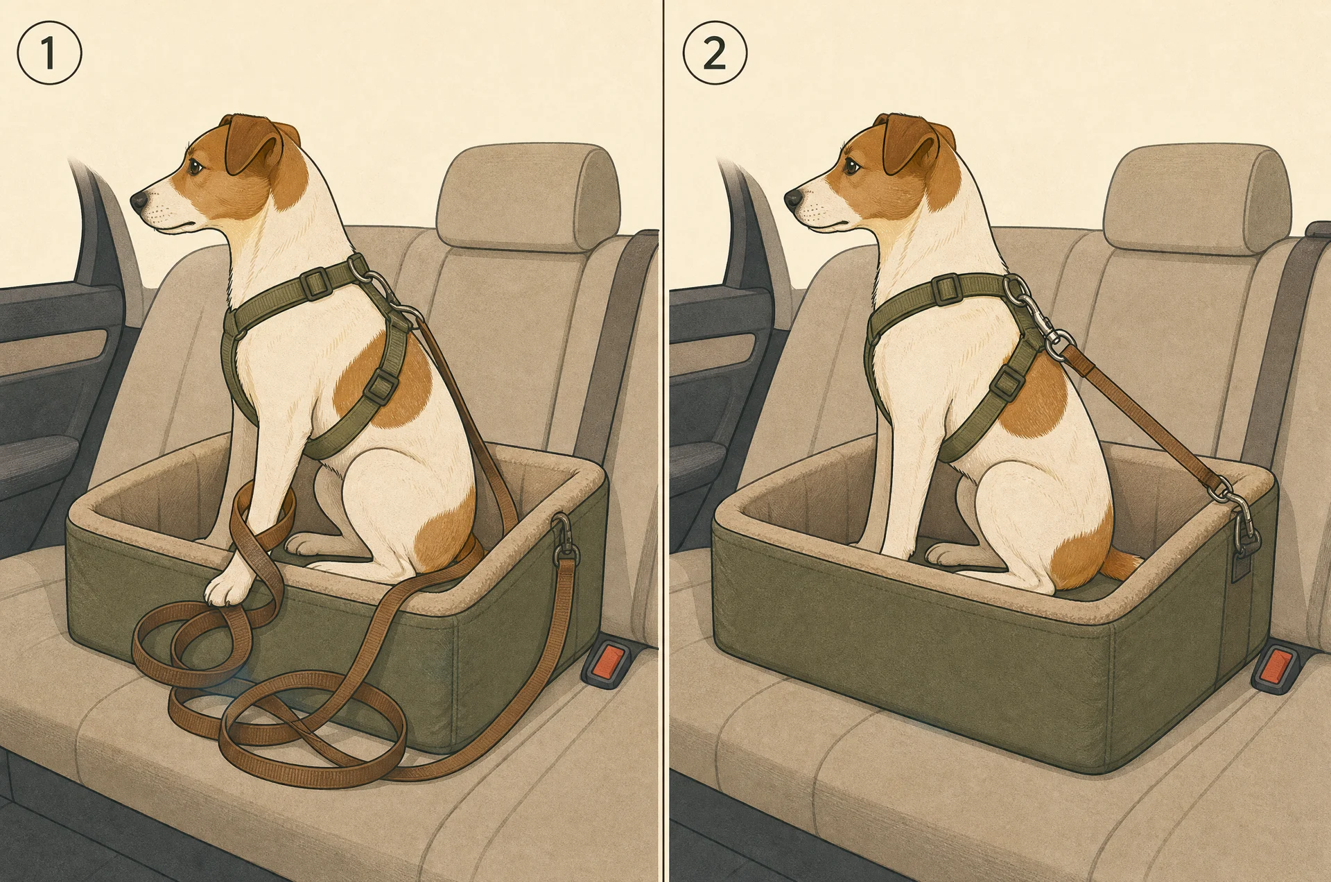 Two-panel diagram: on the left a terrier in a booster seat with a long slack tether coiled around a front leg and puddled on the seat; on the right the same dog with a short taut tether running straight from the seat anchor to the ring on the back of a body harness.