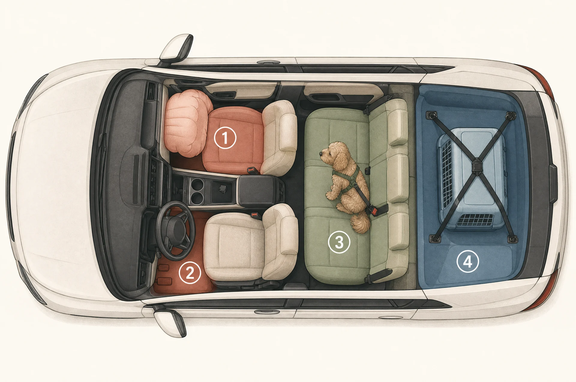 Top-down cutaway of a five-seat car cabin with four circled zones: 1 the front passenger seat with an airbag bursting from the dashboard, tinted as a warning; 2 the driver's lap and pedal footwell, also tinted as a warning; 3 the rear bench with a harnessed dog, tinted as safe; 4 the cargo area with a strapped-down crate, tinted as conditional.