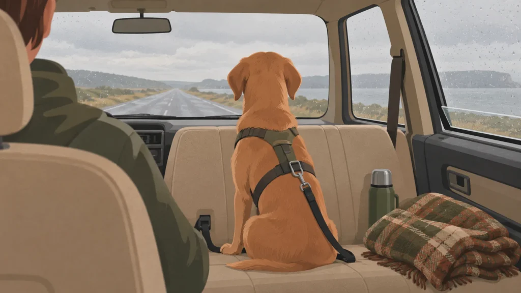 A calm tan dog sits harnessed and tethered in the centre of a car back seat on a drizzly morning, facing forward through the windscreen toward an open coastal road, with a thermos and folded blanket on the seat beside it.