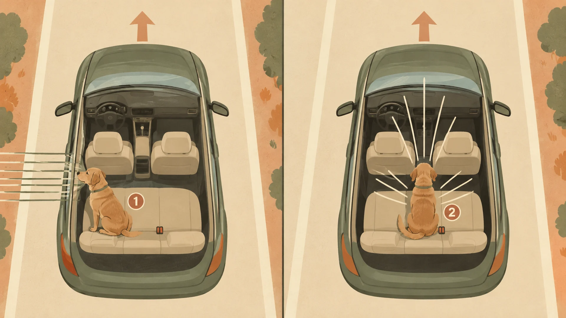 Two-panel overhead diagram of a car interior seen from above, with an arrow showing the direction of travel. In the left panel a dog sits on the rear bench facing the side window, with speed lines streaking sideways across its field of view at right angles to the car's motion, and a circled number one marks the mismatch. In the right panel the same dog sits in the centre of the rear bench facing forward through the windscreen, with the scene ahead expanding evenly outwards in agreement with the direction of travel, marked with a circled number two.