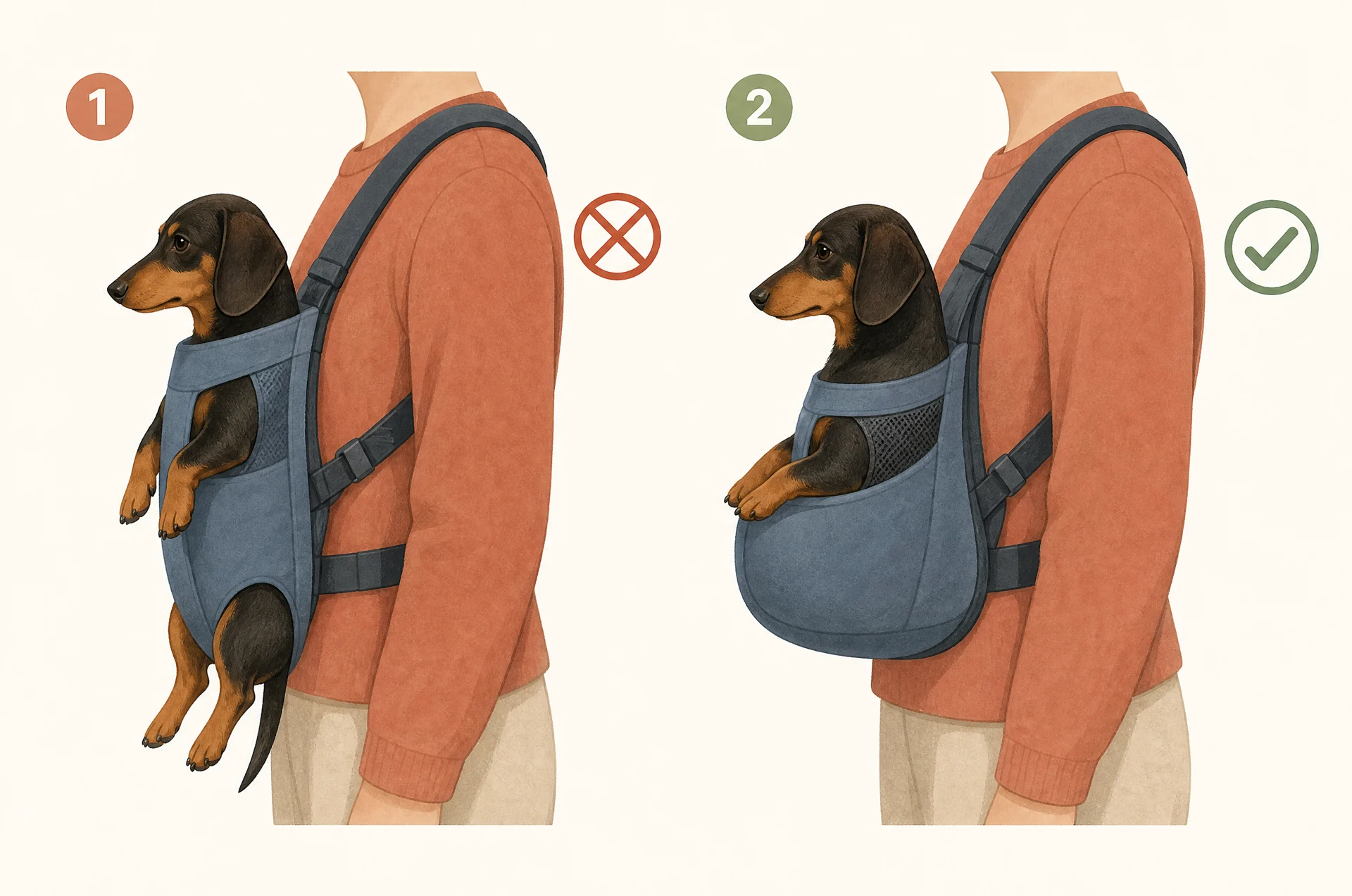 Side view of a person's torso wearing two different front carriers with a dachshund-type dog: in the first the dog hangs upright from its front legs with its hindquarters unsupported, marked with a crossed-out circle; in the second the dog sits in a supportive pouch with its back and rear supported and its body closer to level, marked with a check